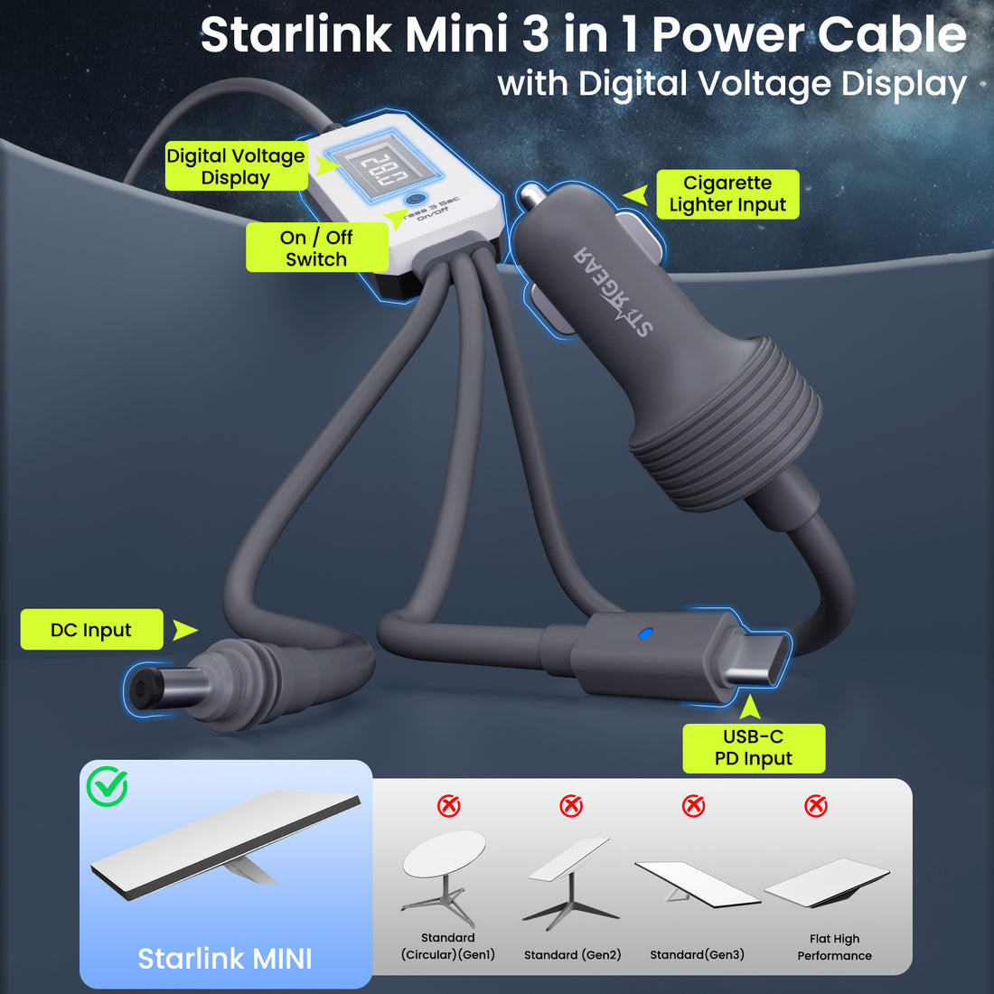 Starlink Mini Cable 10FT/3M, 3 in 1 Cable with Digital Voltage Display & On/Off Switch, 16AWG USB-C/Cigarette Lighter Car Adapter/DC to DC Starlink Mini Power Cable, Work with 140W+ PD Supply