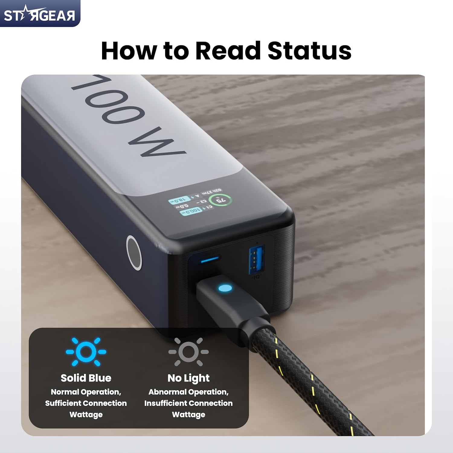 STARGEAR Starlink Mini braided USB-C to DC power cable in black
140W Starlink Mini braided USB-C cable with smart PD chip
Starlink Mini braided USB-C cable LED indicator showing stable power
6.5FT 16AWG braided Starlink Mini USB-C cable for RV and travel
Starlink Mini braided USB-C cable connected to a 100W PD charger
