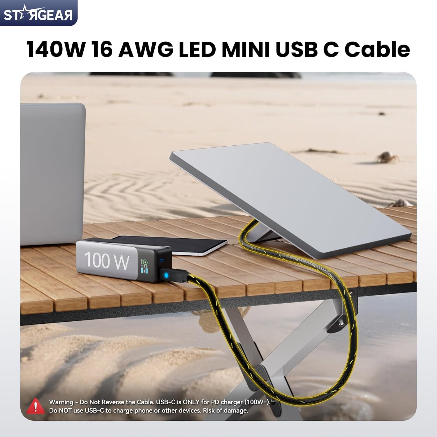 STARGEAR Starlink Mini braided USB-C to DC power cable in black
140W Starlink Mini braided USB-C cable with smart PD chip
Starlink Mini braided USB-C cable LED indicator showing stable power
6.5FT 16AWG braided Starlink Mini USB-C cable for RV and travel
Starlink Mini braided USB-C cable connected to a 100W PD charger
