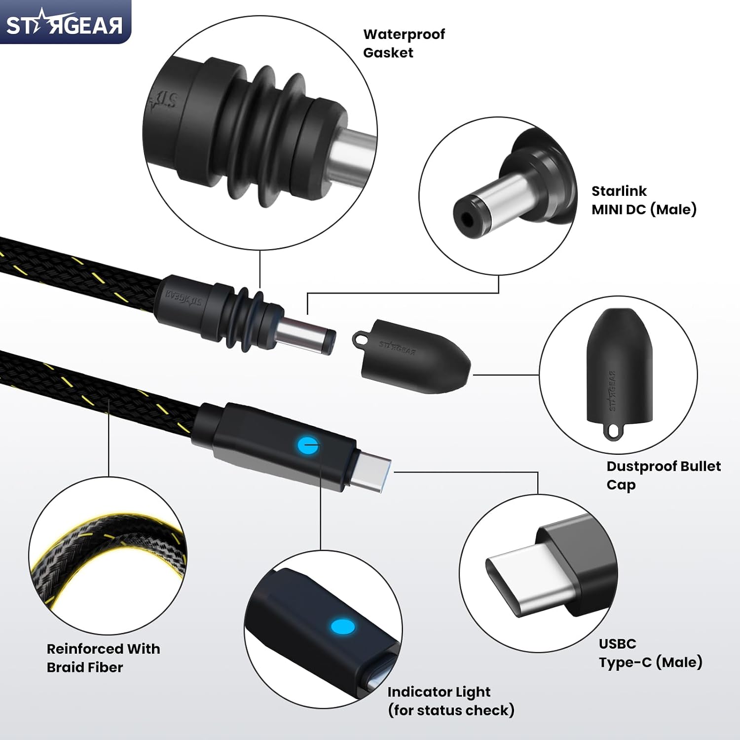 STARGEAR Starlink Mini braided USB-C to DC power cable in black
140W Starlink Mini braided USB-C cable with smart PD chip
Starlink Mini braided USB-C cable LED indicator showing stable power
6.5FT 16AWG braided Starlink Mini USB-C cable for RV and travel
Starlink Mini braided USB-C cable connected to a 100W PD charger
