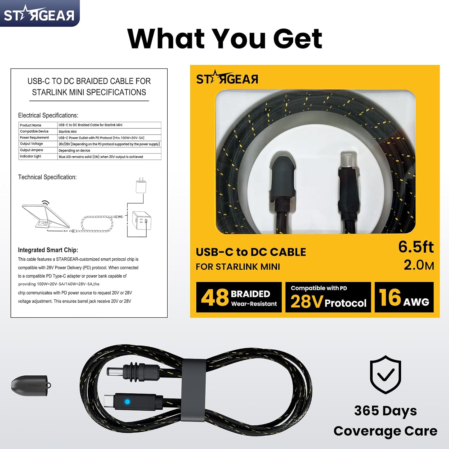 STARGEAR Starlink Mini braided USB-C to DC power cable in black
140W Starlink Mini braided USB-C cable with smart PD chip
Starlink Mini braided USB-C cable LED indicator showing stable power
6.5FT 16AWG braided Starlink Mini USB-C cable for RV and travel
Starlink Mini braided USB-C cable connected to a 100W PD charger
