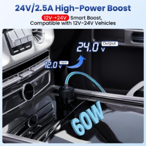 Starlink Mini Car Adapter 12V to 24V DC Step Up Converter with 60W Car Cigarette Lighter Adapter, Starlink Mini 12V Adapters Supports 16 AWG Official 30M, Ideal for RV, Boat, Trailer（Black）