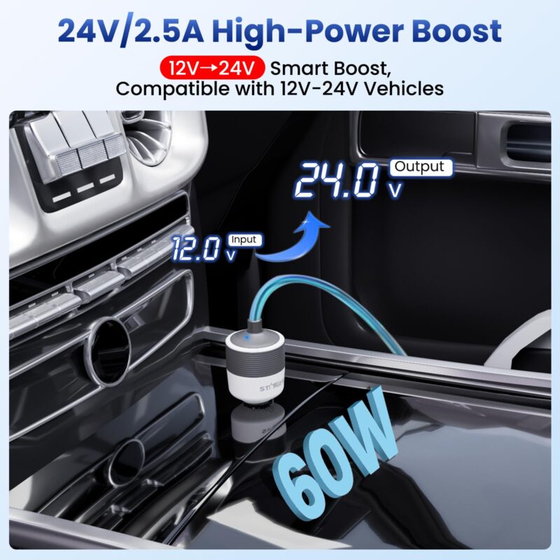 Starlink Mini Car Adapter 12V to 24V DC Step Up Converter with 60W Car Cigarette Lighter Adapter, Starlink Mini 12V Adapters Supports 16 AWG Official 30M, Ideal for RV, Boat, Trailer