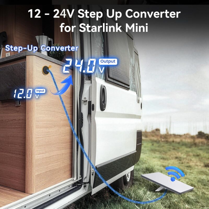 Starlink Mini 12V Adapter, RV Pass Through Power Socket with DC 12V to 24V Step Up Converter Adapter Waterproof & Aluminum, 24V Power Supply Starlink Mini Accessories for RV/Truck/Boat/Off-Grid Use