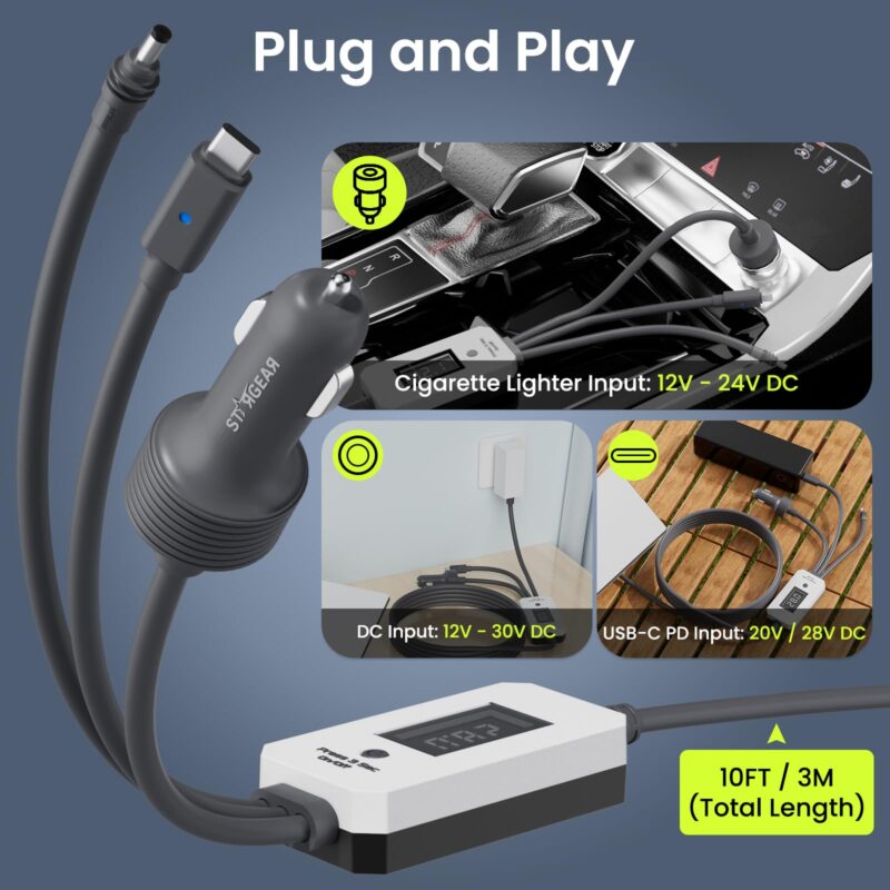 Starlink Mini Cable 10FT/3M, 3 in 1 Cable with Digital Voltage Display & On/Off Switch, 16AWG USB-C/Cigarette Lighter Car Adapter/DC to DC Starlink Mini Power Cable, Work with 140W+ PD Supply