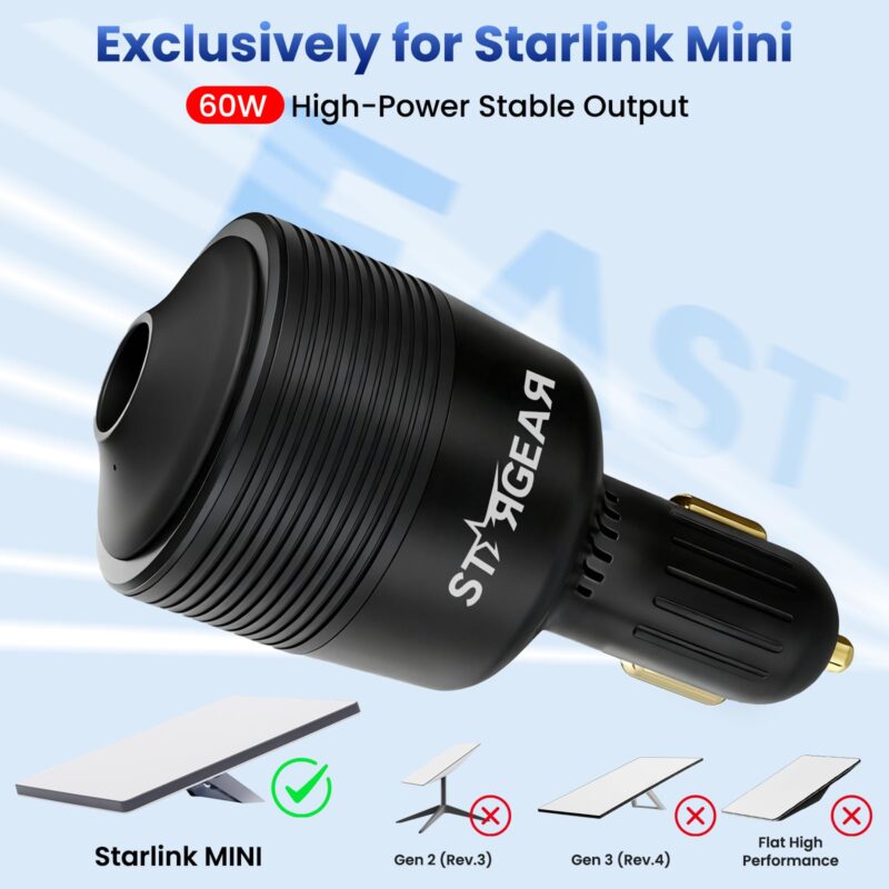Starlink Mini Car Adapter 12V to 24V DC Step Up Converter with 60W Car Cigarette Lighter Adapter, Starlink Mini 12V Adapters Supports 16 AWG Official 30M, Ideal for RV, Boat, Trailer（Black）
