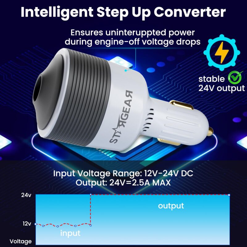 Starlink Mini Car Adapter 12V to 24V DC Step Up Converter with 60W Car Cigarette Lighter Adapter, Starlink Mini 12V Adapters Supports 16 AWG Official 30M, Ideal for RV, Boat, Trailer