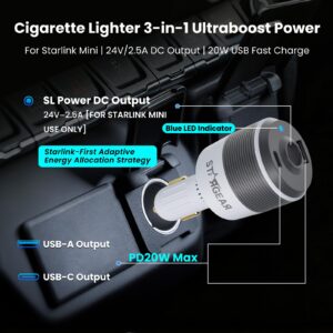 Starlink Mini Car Adapter, 3-in-1 Car Charger for Starlink Mini, 12V to 24V DC Step Up Converter with Dual USB Ports, Cigarette Lighter Adapter for Starlink Mini Power Supply,Ideal for RV,Boat,Trailer