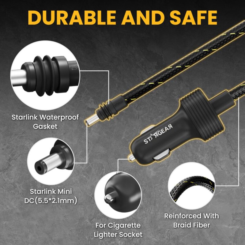 Starlink Mini Cable 12V Power Cable , Braided Wear Resistant Starlink Mini Accessories Cigarette Lighter to DC Cord, 12V to 48V Car Charger Car Adapter