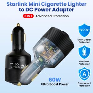 Starlink Mini Car Adapter 12V to 24V DC Step Up Converter with 60W Car Cigarette Lighter Adapter, Starlink Mini 12V Adapters Supports 16 AWG Official 30M, Ideal for RV, Boat, Trailer（Black）