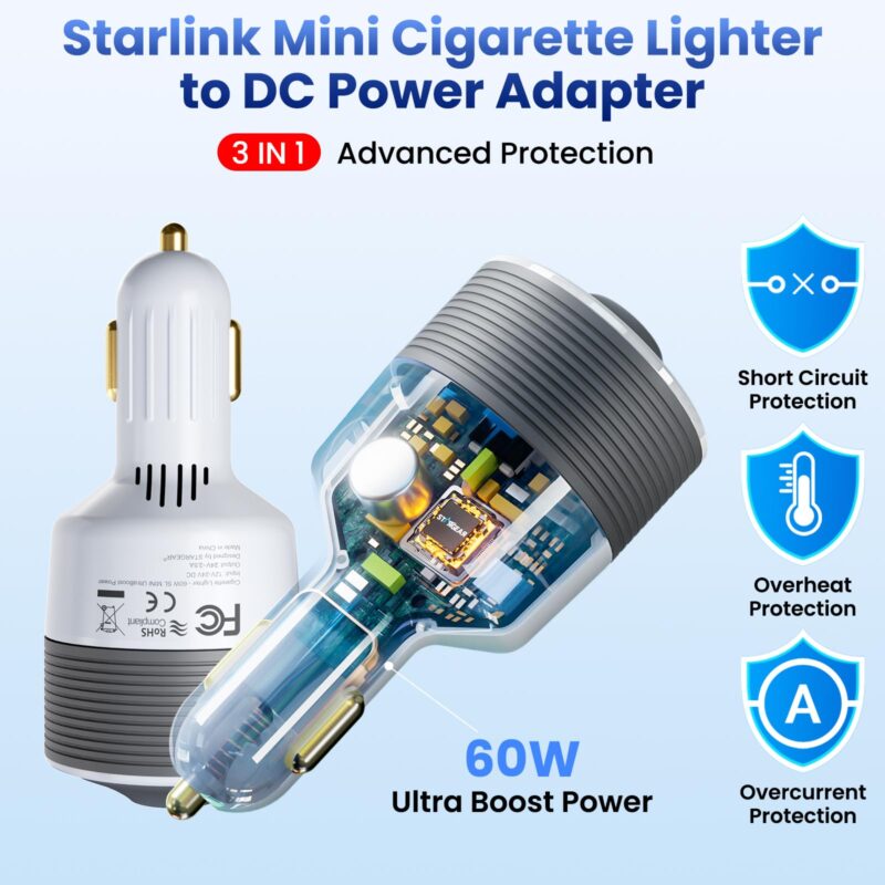 Starlink Mini Car Adapter 12V to 24V DC Step Up Converter with 60W Car Cigarette Lighter Adapter, Starlink Mini 12V Adapters Supports 16 AWG Official 30M, Ideal for RV, Boat, Trailer