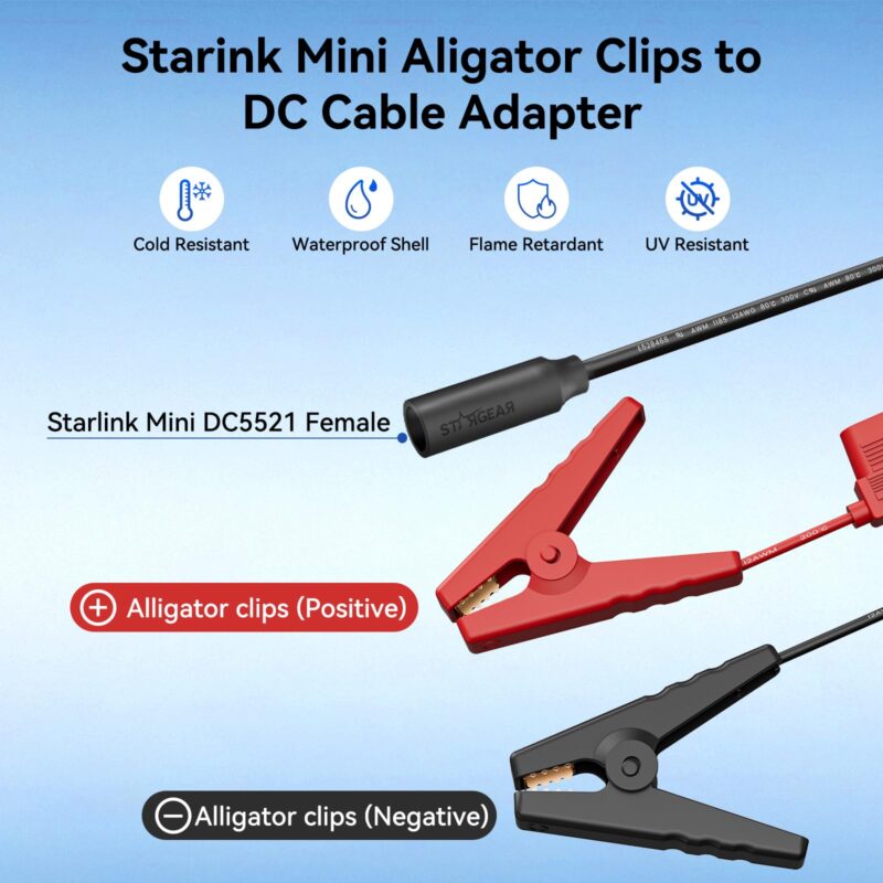 Starink Mini 12V Adapter, Alligator Clips to DC Cable Adapter 12-48V Input for Starlink Mini, 12AWG DC Power Cable with 20A Fuse Protection, DC5521 Female Connector for RV, Boat, Car Battery