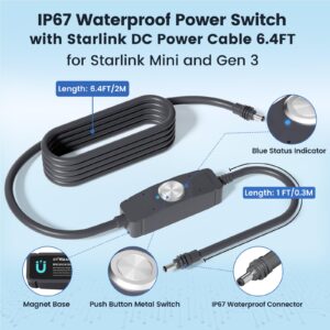 Starlink Mini Cable, IP67 Waterproof Power Switch with Starlink Mini DC Power Cable 6.4FT for Minis and Gen 3, 16AWG Extension Cable&Power Adapter with One-Touch Metal Button&Dual LEDs for RV Camping