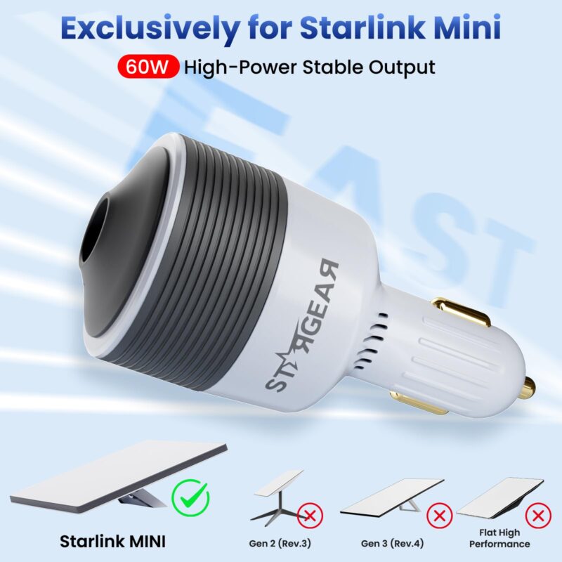 Starlink Mini Car Adapter 12V to 24V DC Step Up Converter with 60W Car Cigarette Lighter Adapter, Starlink Mini 12V Adapters Supports 16 AWG Official 30M, Ideal for RV, Boat, Trailer
