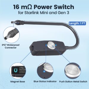 6 Power Switch for Starlink Mini/Gen 3 Cable, 16mΩ IP67 Waterproof with Magnetic Base Outdoor Switch, 16AWG 1FT Extension Cable Power Cord & Adapter with One-Touch Metal Button&Dual LEDs for RV Camping