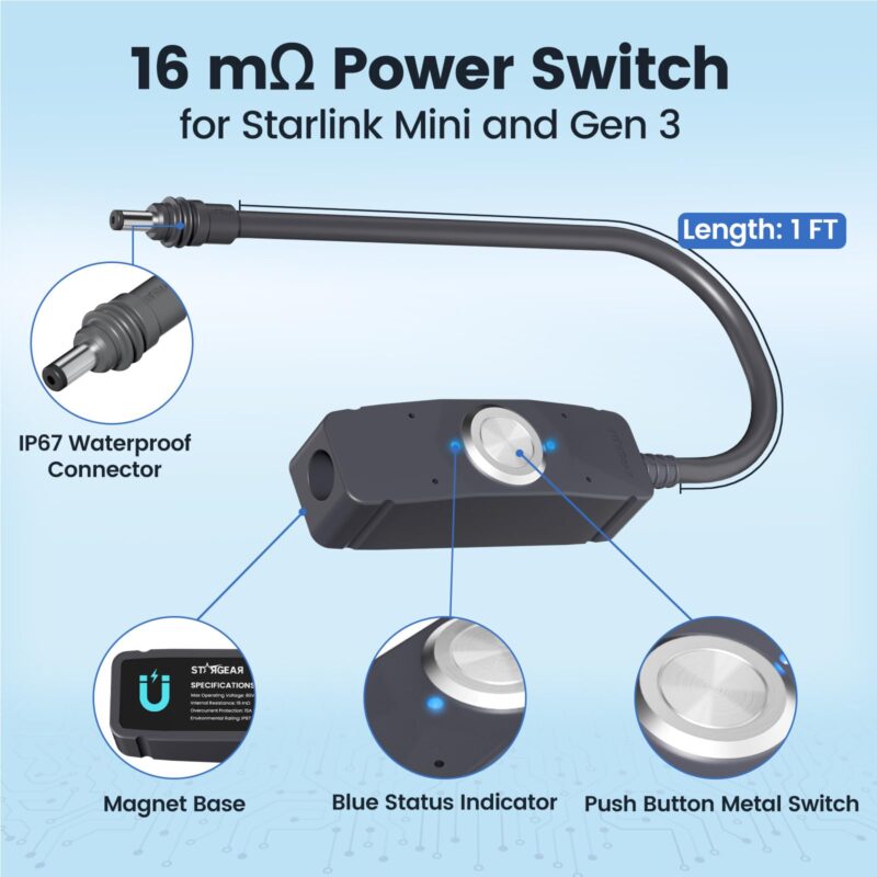 6 Power Switch for Starlink Mini/Gen 3 Cable, 16mΩ IP67 Waterproof with Magnetic Base Outdoor Switch, 16AWG 1FT Extension Cable Power Cord & Adapter with One-Touch Metal Button&Dual LEDs for RV Camping