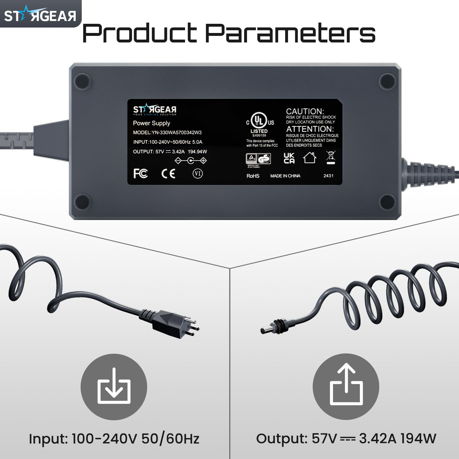 195W Power Adapter for Starlink Gen 3 - 57V | STARGEAR