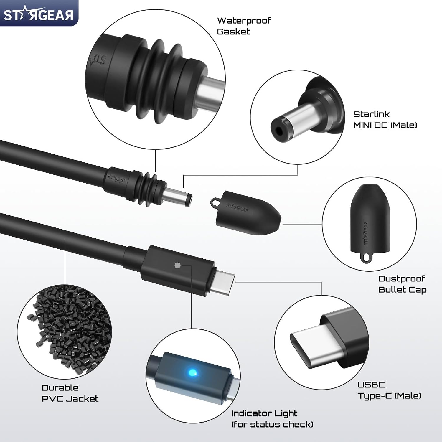 STARGEAR Starlink Mini IP67 USB-C to DC power cable 140W Starlink Mini IP67 USB-C cable with 28V PPS 20V PD chip IP67 waterproof gasket connector on Starlink Mini USB-C cable Starlink Mini IP67 USB-C cable LED indicator showing stable power 6.5FT Starlink Mini IP67 USB-C cable for outdoor use STARGEAR Starlink Mini IP67 USB-C to DC power cable
140W Starlink Mini IP67 USB-C cable with 28V PPS 20V PD chip
IP67 waterproof gasket connector on Starlink Mini USB-C cable
Starlink Mini IP67 USB-C cable LED indicator showing stable power
6.5FT Starlink Mini IP67 USB-C cable for outdoor use