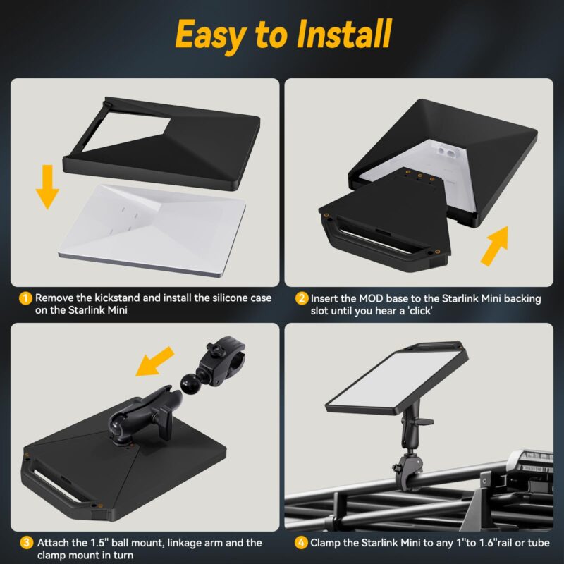 Starlink Mini Clamp Mount with Protective Silicone Case, 2 in 1 Satellite Dish Mounting Kit & Cover with Adjustable Clamp Mount Handle Shoulder Strap & 1/4"-20 Nuts for RVs Car Boat/Road Trip