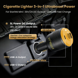Starlink Mini 3-in-1 Car Adapter, 12V to 30V DC Step Up Converter with Dual USB Ports, 60W Car Cigarette Lighter Adapter for Starlink Mini, Supports 16AWG 50M Cable,Ideal for RV,Boat,Trailer