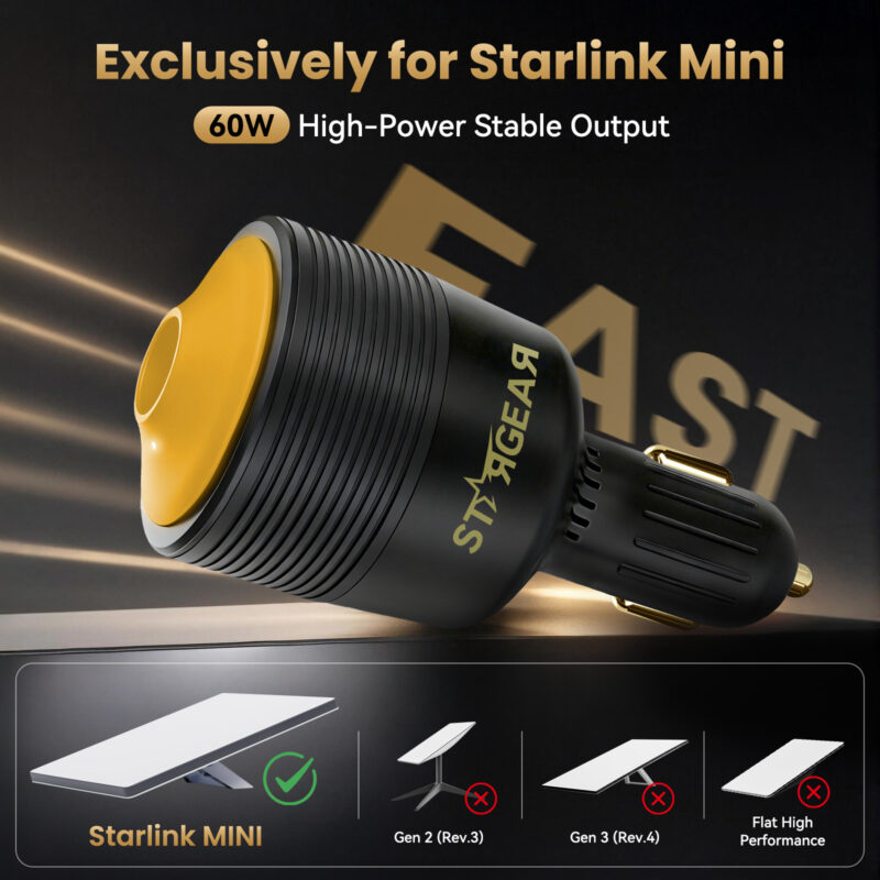 Starlink Mini Car Adapter 12V to 30V DC Step Up Converter with White Indicator Light, 60W Car Cigarette Lighter Adapter for Starlink Mini, Supports 16AWG 50M Cable, Ideal for RV,Boat,Trailer
