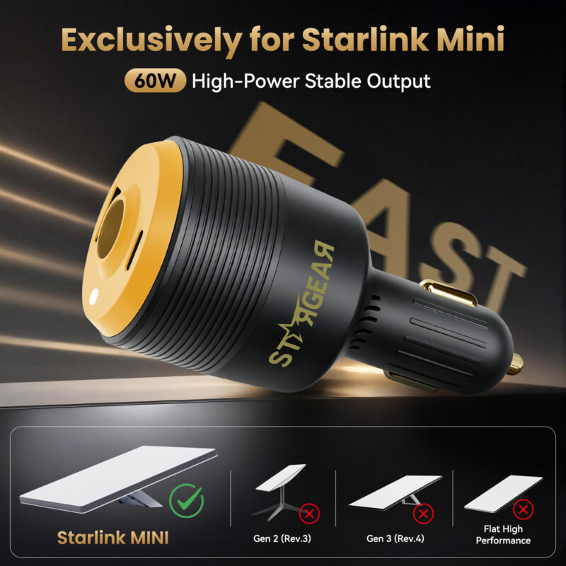Starlink Mini 3-in-1 Car Adapter, 12V to 30V DC Step Up Converter with Dual USB Ports, 60W Car Cigarette Lighter Adapter for Starlink Mini, Supports 16AWG 50M Cable,Ideal for RV,Boat,Trailer