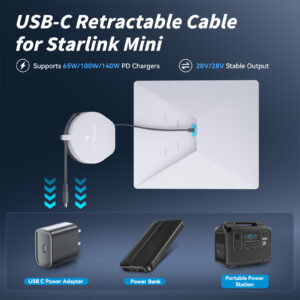 Starlink Mini Cable 6.5FT, USB-C Retractable Cable with Smart Protocol Chip, 140W Starlink USB C to DC Power Cable with Indicator Light, Work with 20V/100W, 28V/140W PD Power Source